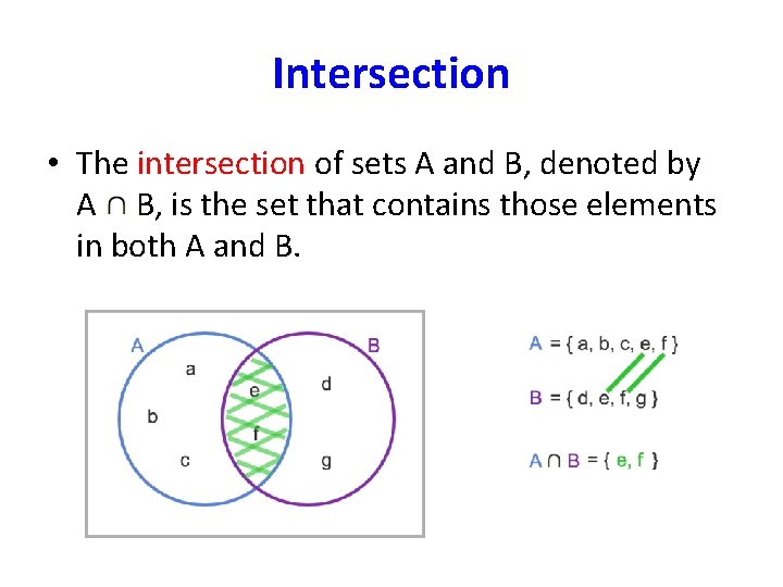 Intersection • The intersection of sets A and B, denoted by A B, is