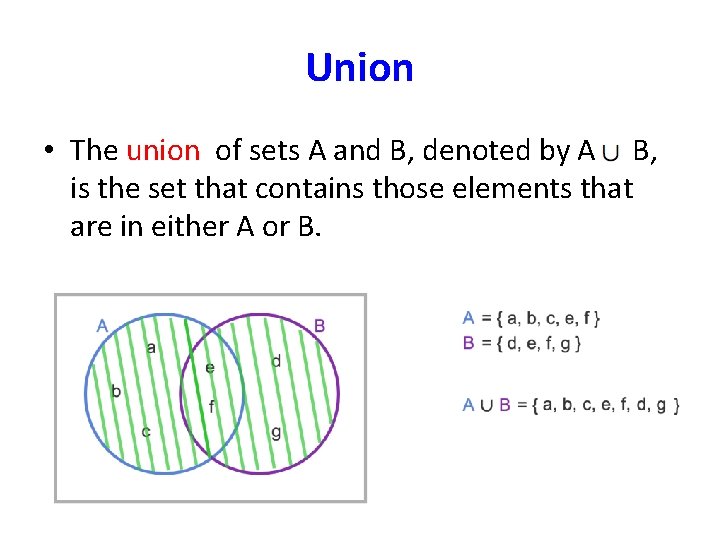 Union • The union of sets A and B, denoted by A B, is