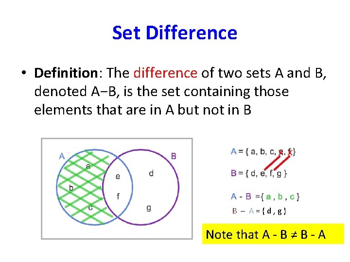 Set Difference • Definition: The difference of two sets A and B, denoted A−B,