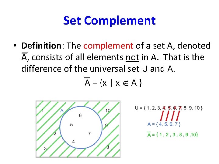 Set Complement • Definition: The complement of a set A, denoted A, consists of