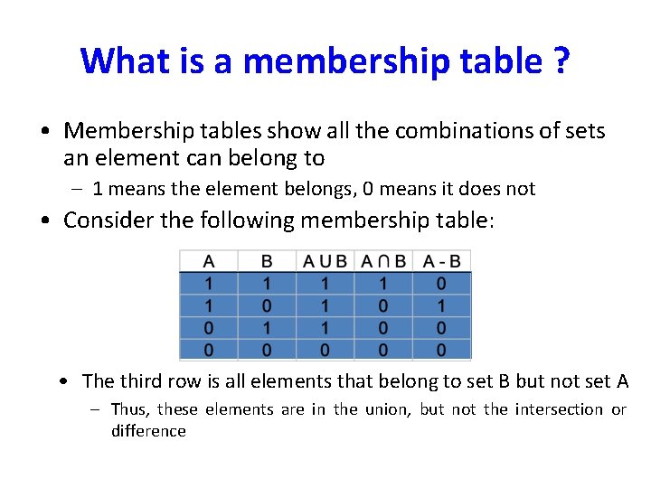 What is a membership table ? • Membership tables show all the combinations of