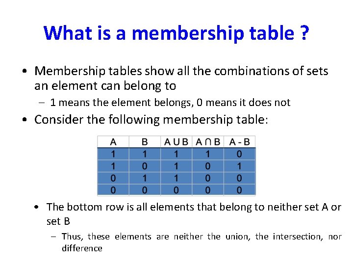 What is a membership table ? • Membership tables show all the combinations of