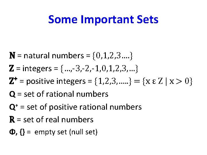 Some Important Sets N = natural numbers = {0, 1, 2, 3…. } Z