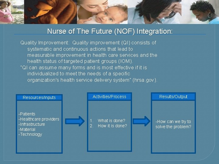 Nurse of The Future (NOF) Integration: Quality Improvement: Quality improvement (QI) consists of systematic