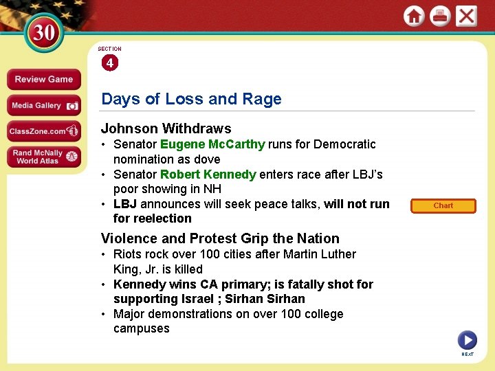 SECTION 4 Days of Loss and Rage Johnson Withdraws • Senator Eugene Mc. Carthy