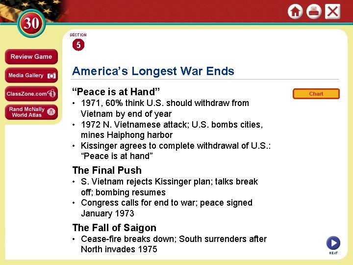 SECTION 5 America’s Longest War Ends “Peace is at Hand” Chart • 1971, 60%