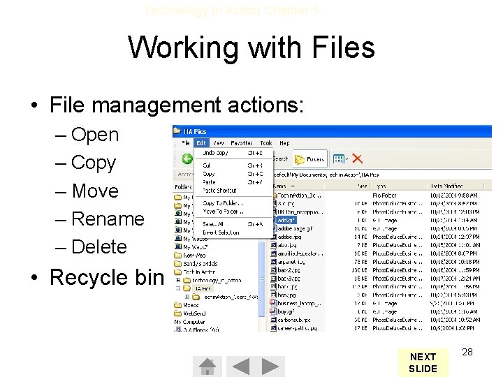 Technology In Action Chapter 5 Working with Files • File management actions: – Open