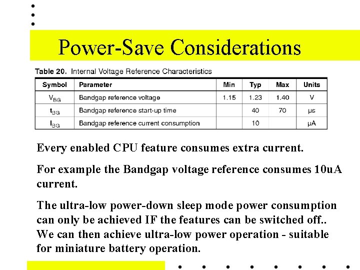 Power-Save Considerations Every enabled CPU feature consumes extra current. For example the Bandgap voltage Power-Save Considerations Every enabled CPU feature consumes extra current. For example the Bandgap voltage
