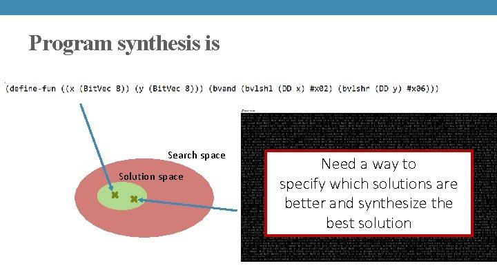 Program synthesis is Search space Solution space Need a way to specify which solutions