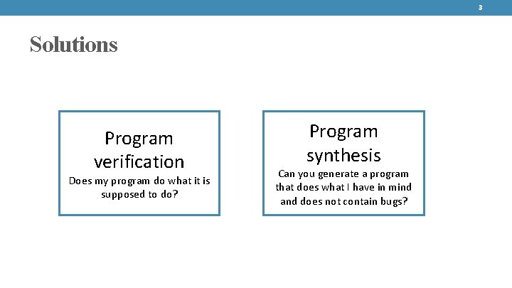 3 Solutions Program verification Does my program do what it is supposed to do?