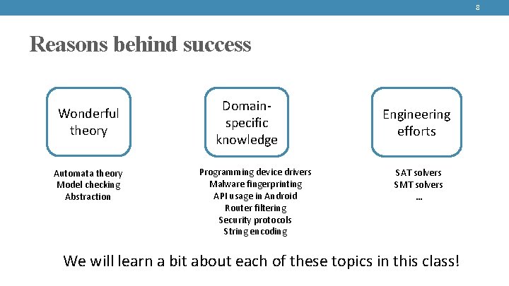 8 Reasons behind success Wonderful theory Automata theory Model checking Abstraction Domainspecific knowledge Programming