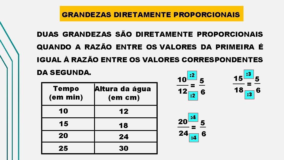 GRANDEZAS DIRETAMENTE PROPORCIONAIS DUAS GRANDEZAS SÃO DIRETAMENTE PROPORCIONAIS QUANDO A RAZÃO ENTRE OS VALORES