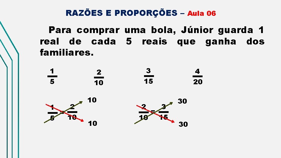 RAZÕES E PROPORÇÕES – Aula 06 Para comprar uma bola, Júnior guarda 1 real