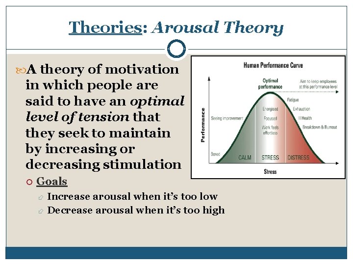 Theories: Arousal Theory A theory of motivation in which people are said to have