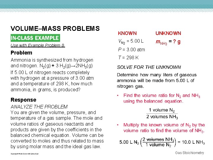 VOLUME–MASS PROBLEMS Use with Example Problem 8. Problem Ammonia is synthesized from hydrogen and