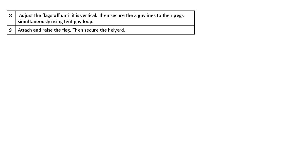 8 Adjust the flagstaff until it is vertical. Then secure the 3 guylines to