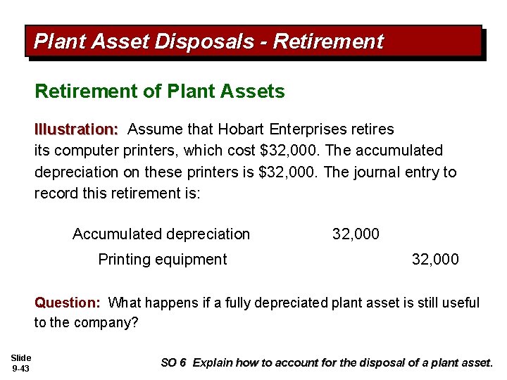 Plant Asset Disposals - Retirement of Plant Assets Illustration: Assume that Hobart Enterprises retires