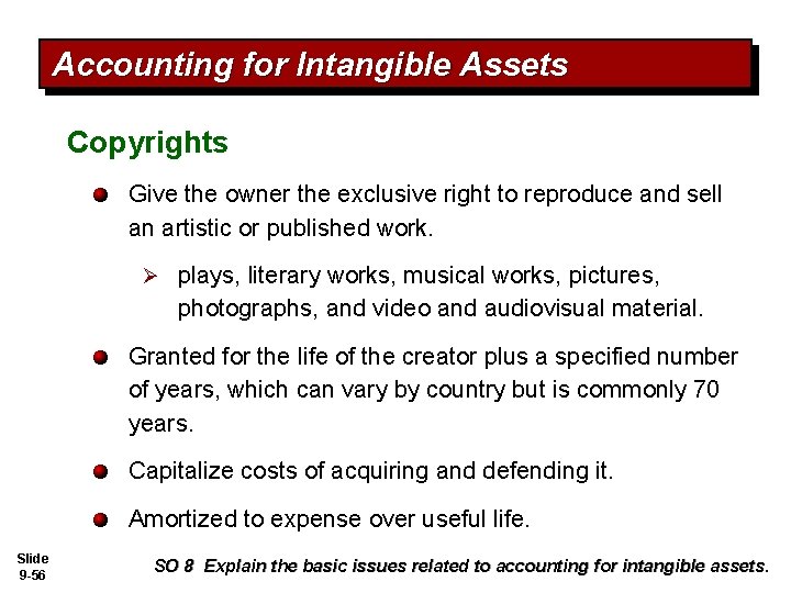 Accounting for Intangible Assets Copyrights Give the owner the exclusive right to reproduce and