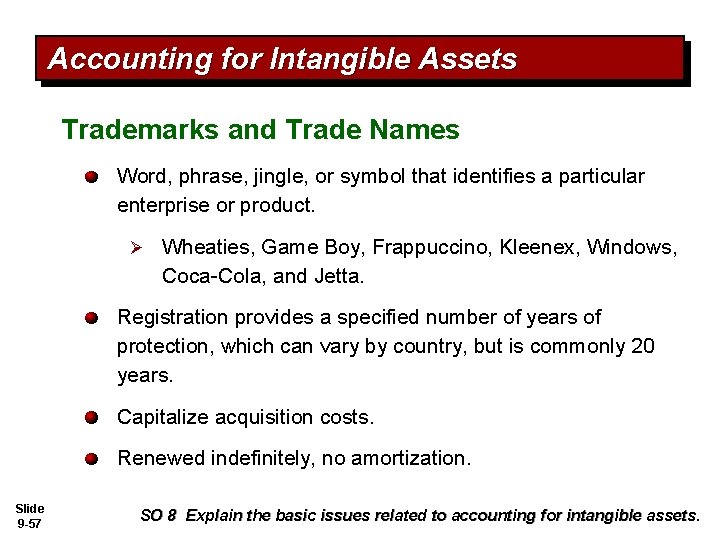 Accounting for Intangible Assets Trademarks and Trade Names Word, phrase, jingle, or symbol that