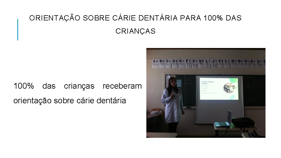 ORIENTAÇÃO SOBRE CÁRIE DENTÁRIA PARA 100% DAS CRIANÇAS 100% das crianças receberam orientação sobre