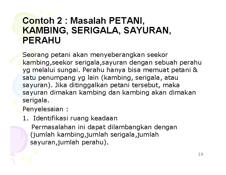 Contoh 2 : Masalah PETANI, KAMBING, SERIGALA, SAYURAN, PERAHU Seorang petani akan menyeberangkan seekor