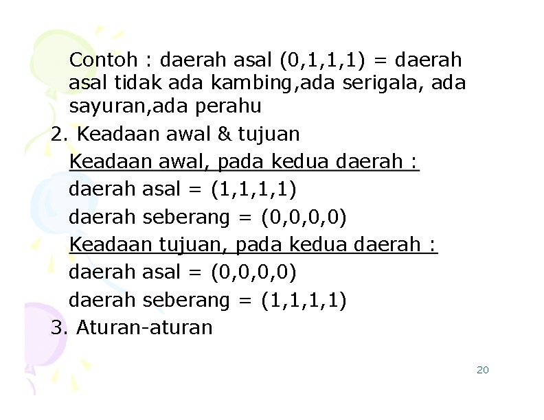 Contoh : daerah asal (0, 1, 1, 1) = daerah asal tidak ada kambing,