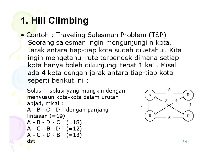 1. Hill Climbing • Contoh : Traveling Salesman Problem (TSP) Seorang salesman ingin mengunjungi