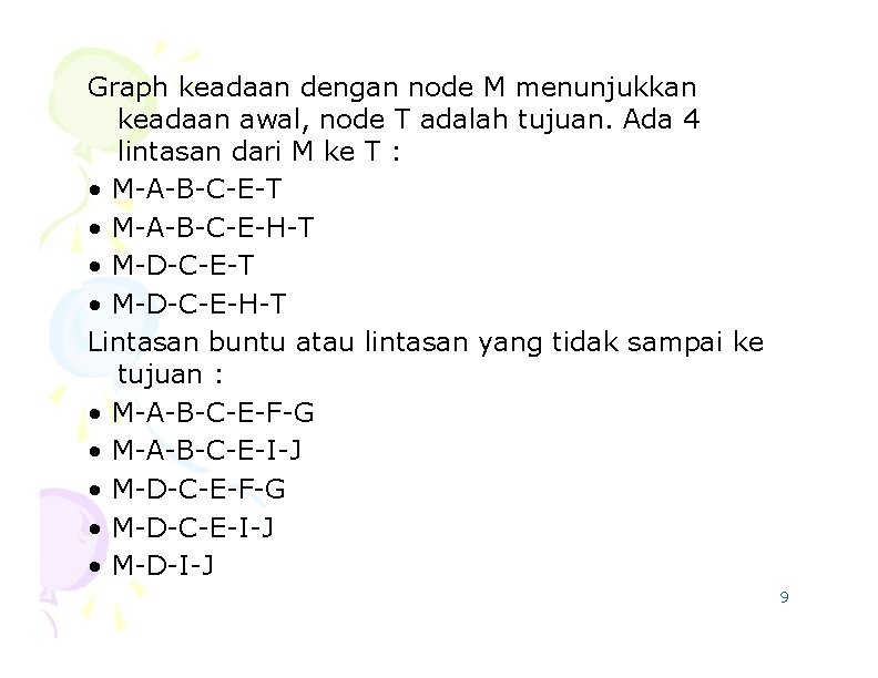 Graph keadaan dengan node M menunjukkan keadaan awal, node T adalah tujuan. Ada 4