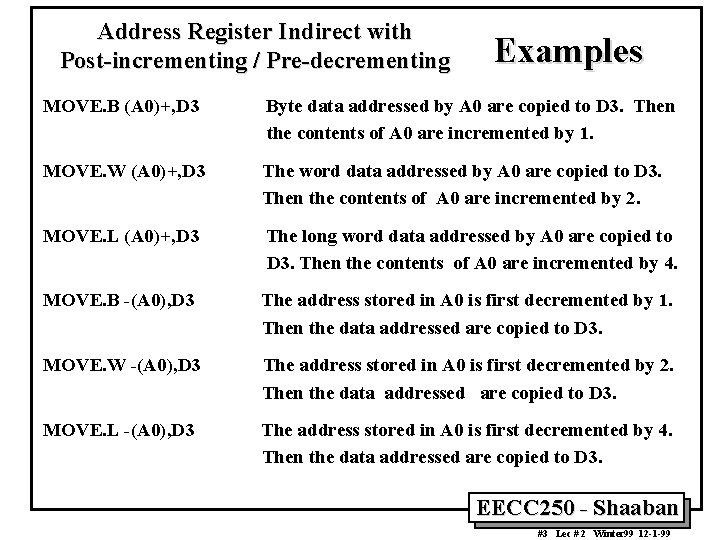 Address Register Indirect with Post-incrementing / Pre-decrementing Examples MOVE. B (A 0)+, D 3