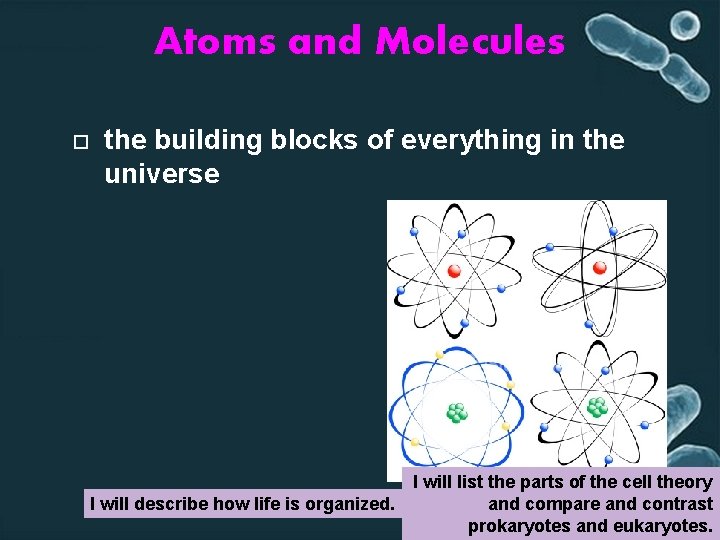 Atoms and Molecules the building blocks of everything in the universe I will list