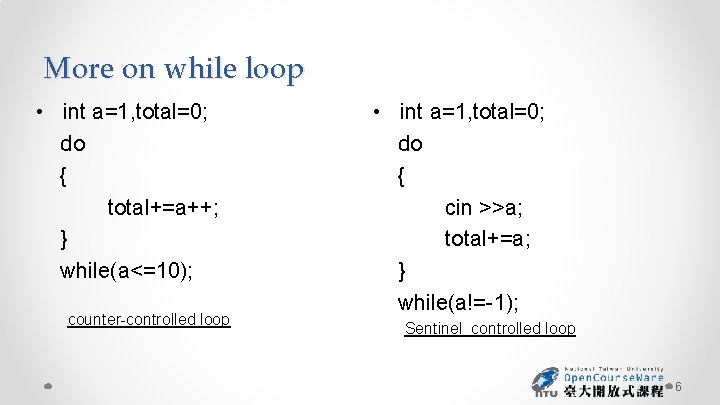 More on while loop • int a=1, total=0; do { total+=a++; } while(a<=10); counter-controlled