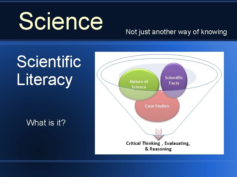 Science Scientific Literacy What is it? Not just another way of knowing 