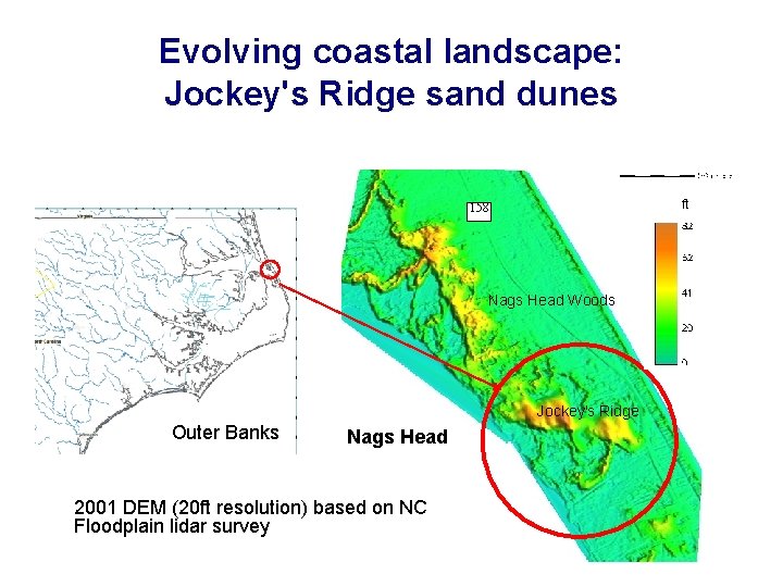 Evolving coastal landscape: Jockey's Ridge sand dunes ft 158 Nags Head Woods Jockey's Ridge