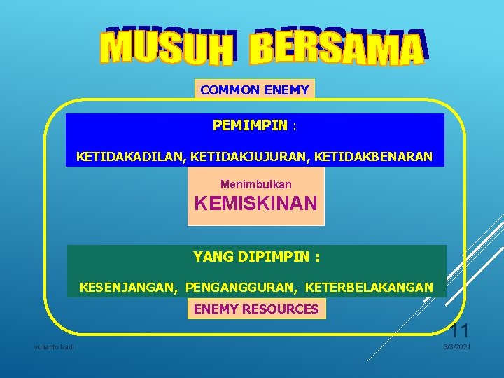 COMMON ENEMY PEMIMPIN : KETIDAKADILAN, KETIDAKJUJURAN, KETIDAKBENARAN Menimbulkan KEMISKINAN YANG DIPIMPIN : KESENJANGAN, PENGANGGURAN,