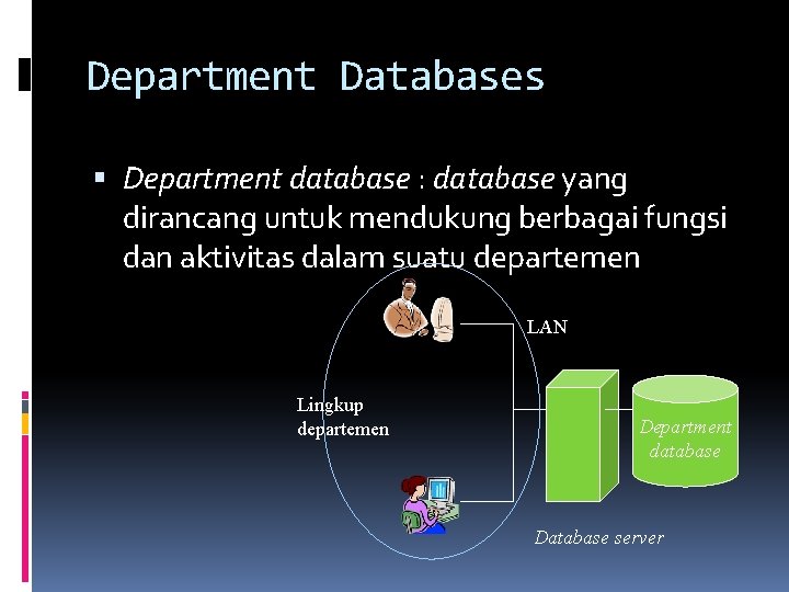 Department Databases Department database : database yang dirancang untuk mendukung berbagai fungsi dan aktivitas