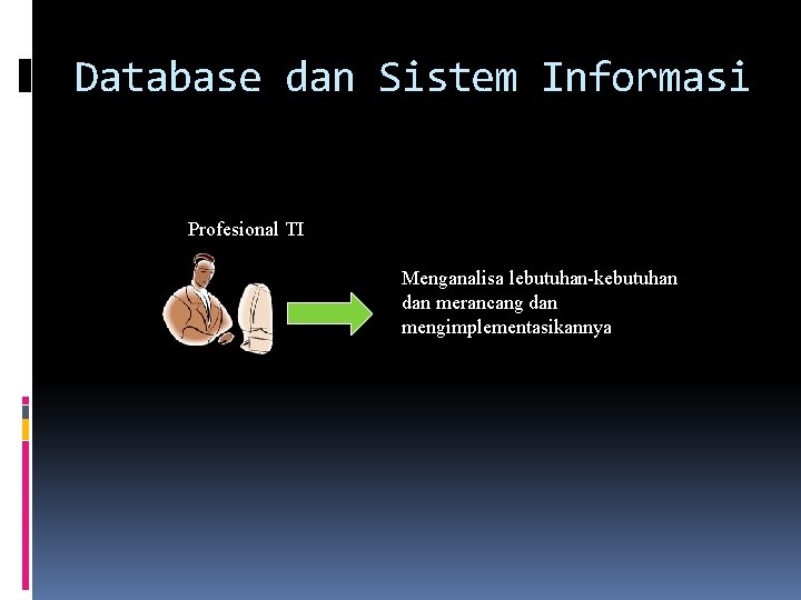 Database dan Sistem Informasi Profesional TI Menganalisa lebutuhan-kebutuhan dan merancang dan mengimplementasikannya 