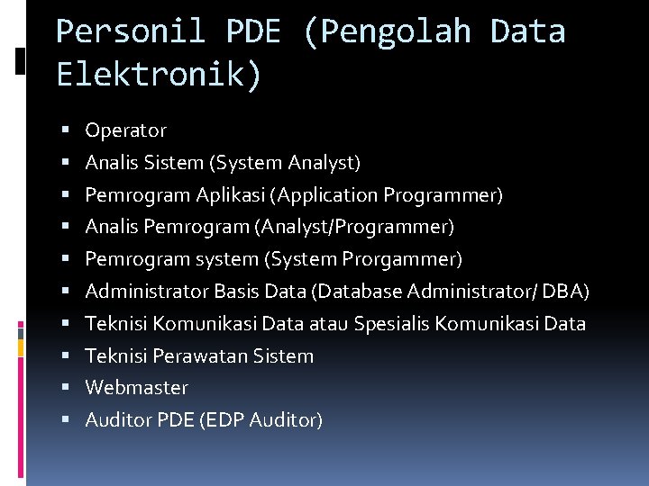 Personil PDE (Pengolah Data Elektronik) Operator Analis Sistem (System Analyst) Pemrogram Aplikasi (Application Programmer)