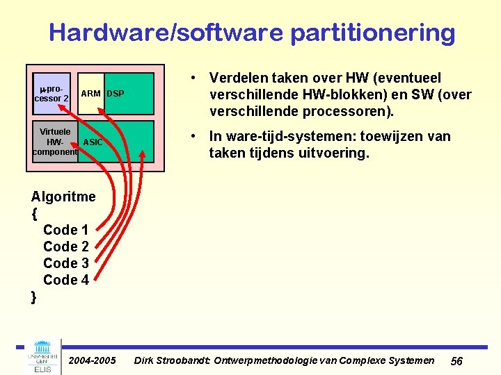 Hardware/software partitionering �-prom-processor 2 ARM DSP Virtuele HWASIC component • Verdelen taken over HW Hardware/software partitionering �-prom-processor 2 ARM DSP Virtuele HWASIC component • Verdelen taken over HW