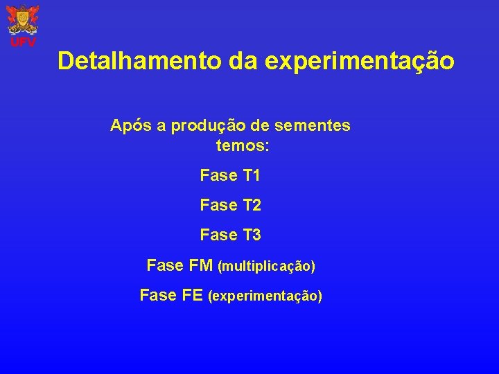 UFV Detalhamento da experimentação Após a produção de sementes temos: Fase T 1 Fase