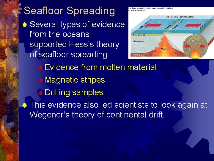 Seafloor Spreading ® Several types of evidence from the oceans supported Hess’s theory of