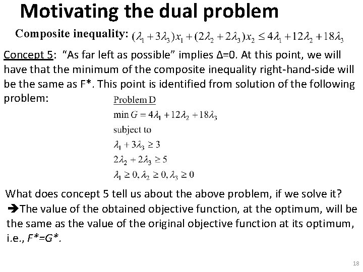 Motivating the dual problem Composite inequality: Concept 5: “As far left as possible” implies