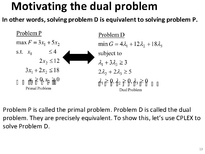 Motivating the dual problem In other words, solving problem D is equivalent to solving