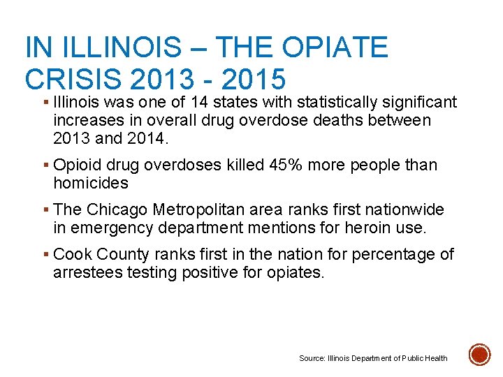 IN ILLINOIS – THE OPIATE CRISIS 2013 - 2015 § Illinois was one of