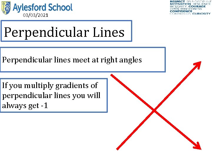 03/03/2021 Perpendicular Lines Perpendicular lines meet at right angles If you multiply gradients of