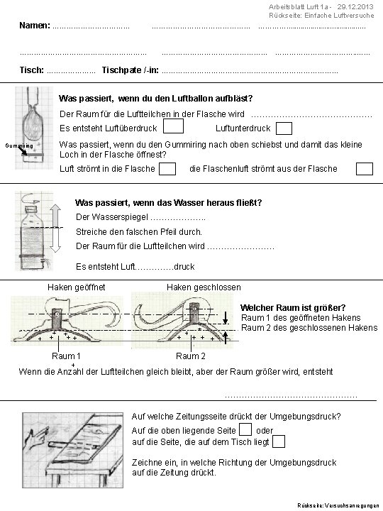 Arbeitsblatt Luft 1 a - 29. 12. 2013 Rückseite: Einfache Luftversuche Namen: ……………………………………………. .