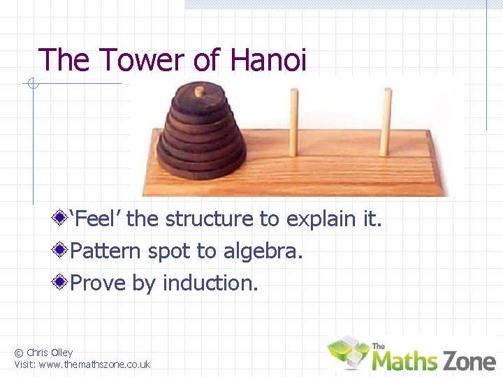 The Tower of Hanoi ‘Feel’ the structure to explain it. Pattern spot to algebra.