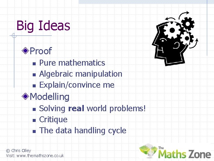 Big Ideas Proof n n n Pure mathematics Algebraic manipulation Explain/convince me Modelling n