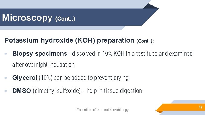 Microscopy (Cont. . ) Potassium hydroxide (KOH) preparation (Cont. . ): ▰ Biopsy specimens
