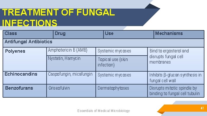 TREATMENT OF FUNGAL INFECTIONS Class Drug Use Mechanisms Antifungal Antibiotics Amphotericin B (AMB) Systemic