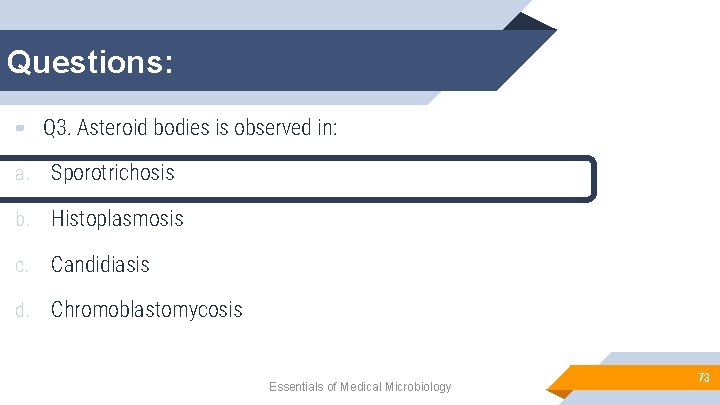 Questions: ▰ Q 3. Asteroid bodies is observed in: a. Sporotrichosis b. Histoplasmosis c.